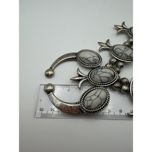 Southwestern Squash Blossom Naja Necklace White Faux Turquoise Silver Tone 22in - Picture 5 of 13